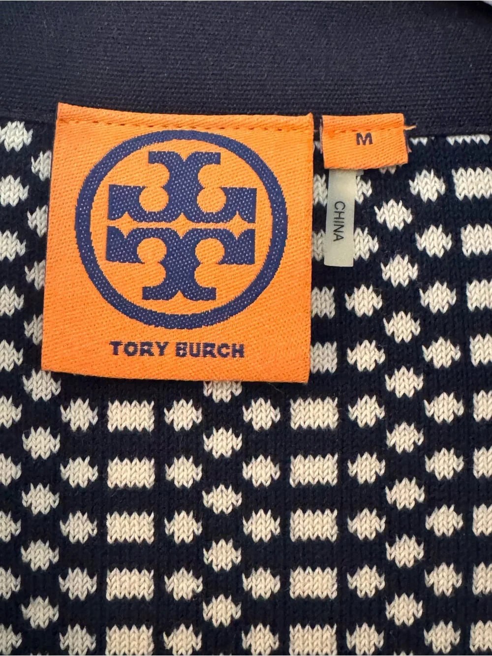 Tory Burch Navy and Cream Geometric Knit Jacket with Logo Tag